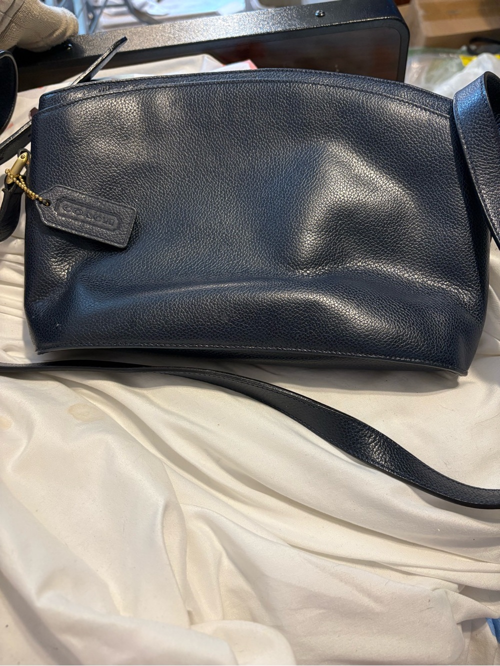Coach Navy Pebbled Leather Crossbody Bag with Logo Tag